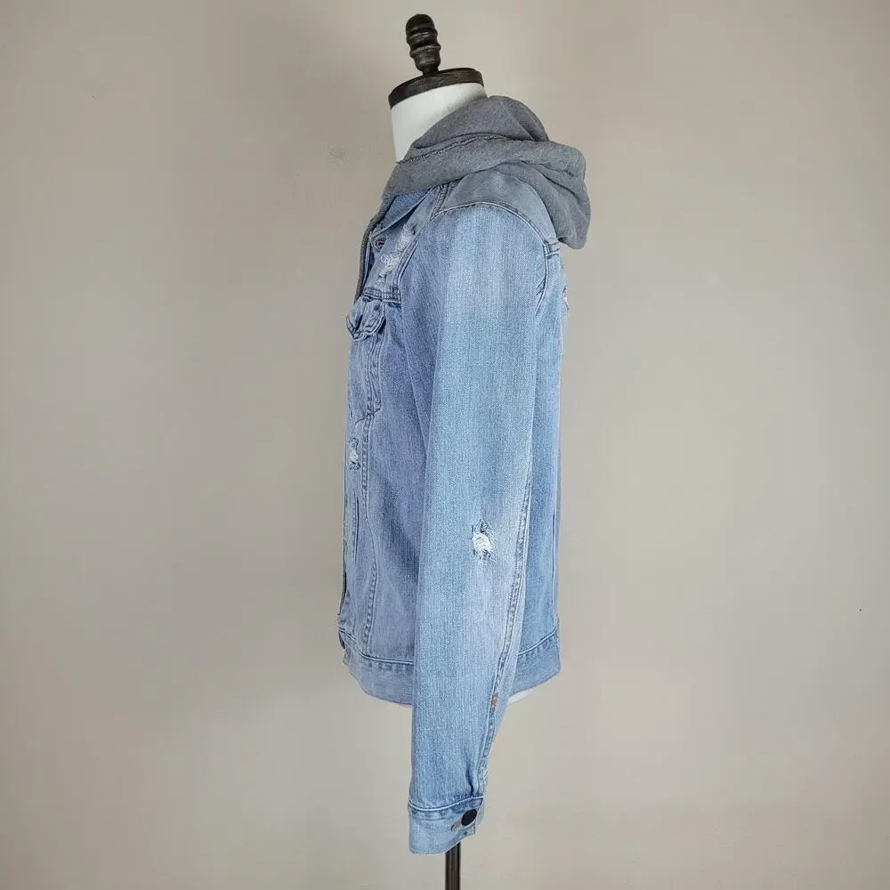 Abercrombie & Fitch Jacket Men Small Blue Denim Hooded Distressed Trucker Casual
